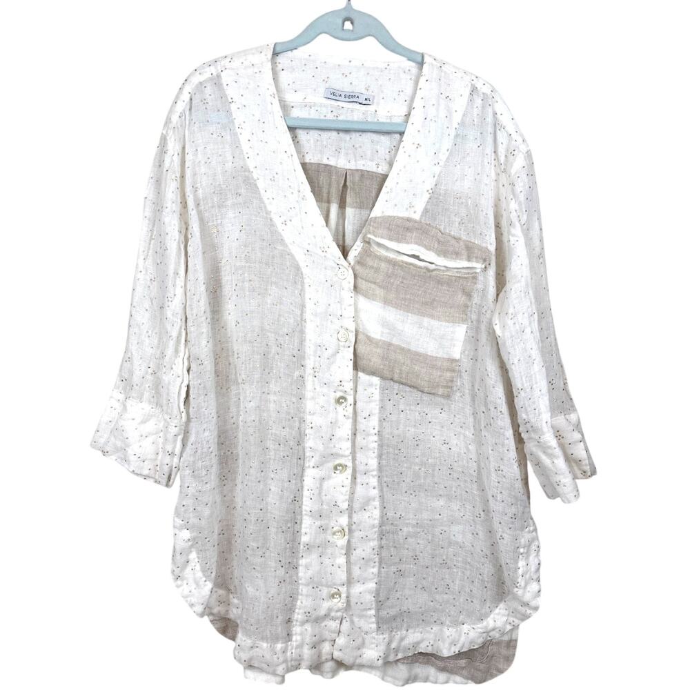 Velia Sierra Womens M/L White Gold Tan Italian Linen Button Down Boho Shirt NEW